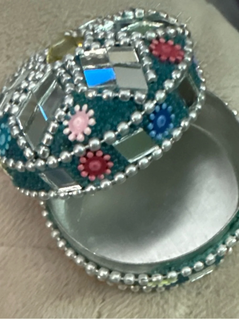 Trinket Kumkum decorated beaded Box mirrored glass Teal and Silver #20